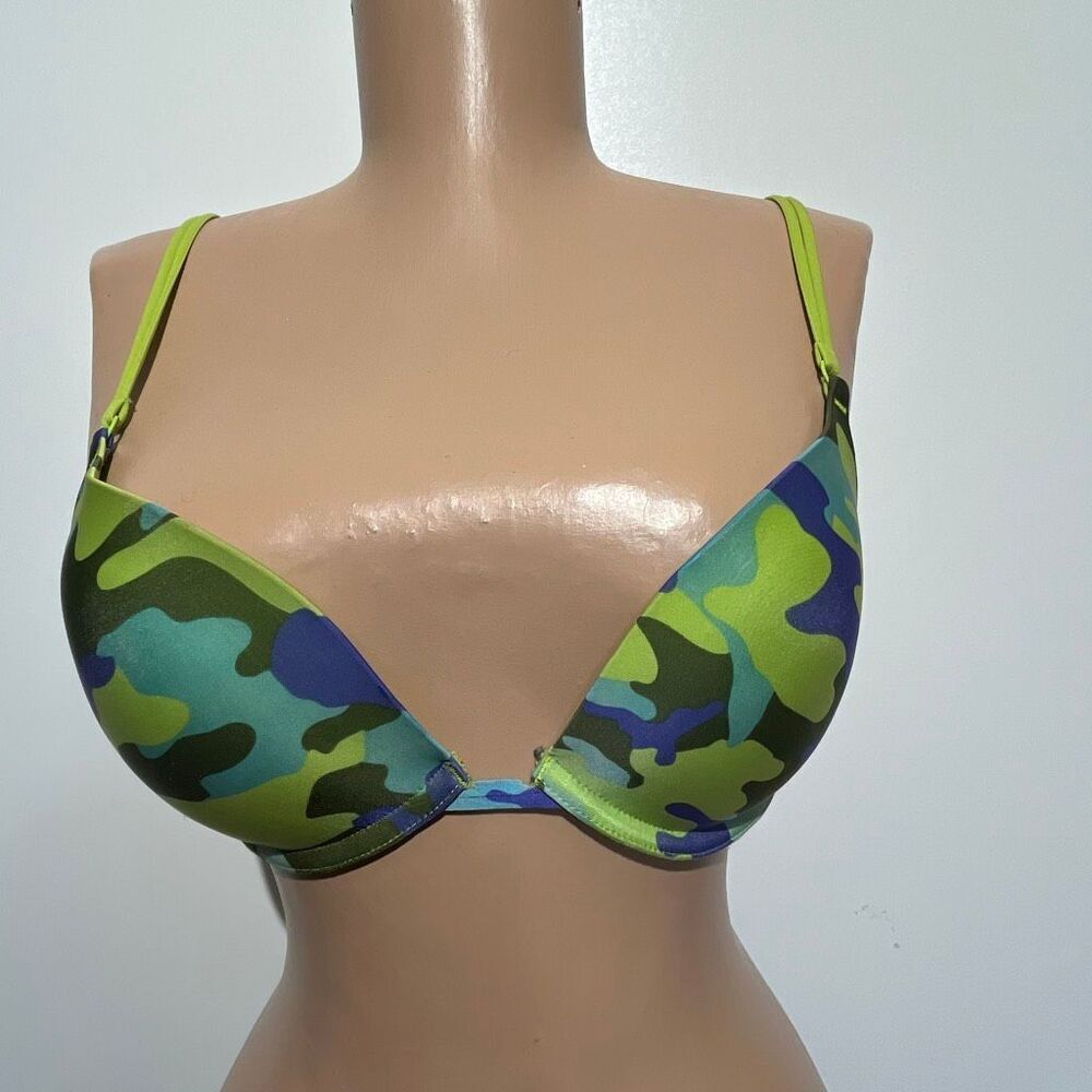 Victoria's Secret Push-Up Bra 34B Green Blue Camouflage Padded Underwire Sexy